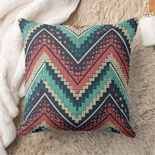 Boho Chevron Pattern Teal, Coral & Cream Zigzag Cushion
