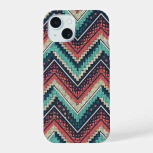 Boho Chevron Pattern Teal, Coral & Cream Zigzag iPhone 15 Case