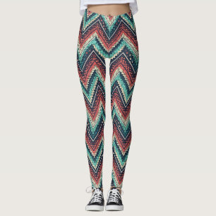 Boho Chevron Pattern Teal, Coral & Cream Zigzag Leggings