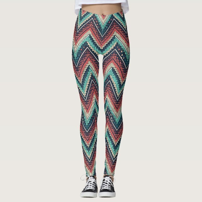 Boho Chevron Pattern | Teal, Coral & Cream Zigzag  Leggings (Front)