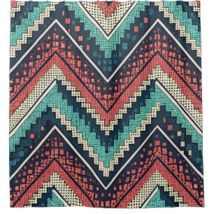 Boho Chevron Pattern Teal, Coral & Cream Zigzag Shower Curtain