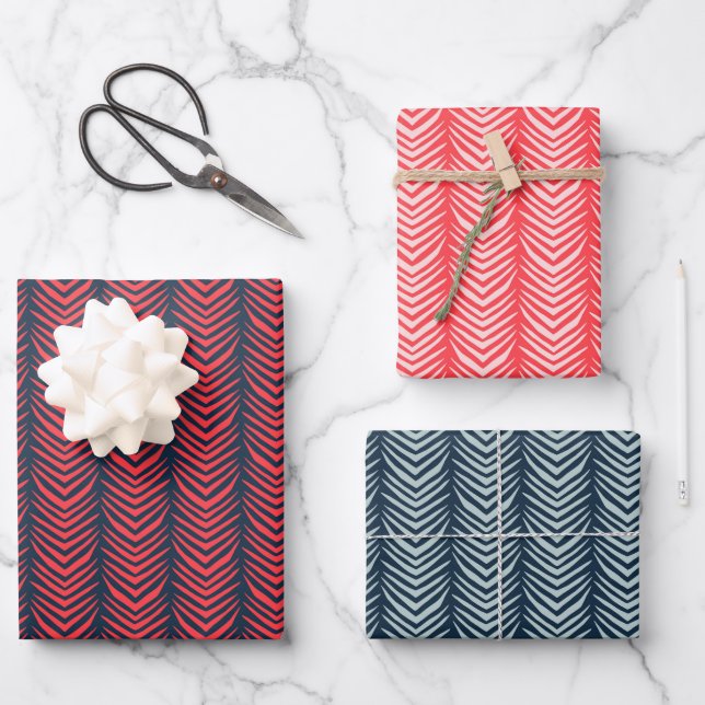 Boho Chevron Stripe in Red and Navy Christmas Wrapping Paper Sheet (Front)