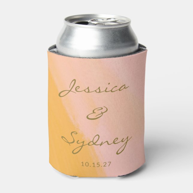 Boho Chic Abstract Watercolor Pink Yellow Wedding Can Cooler (Can Front)
