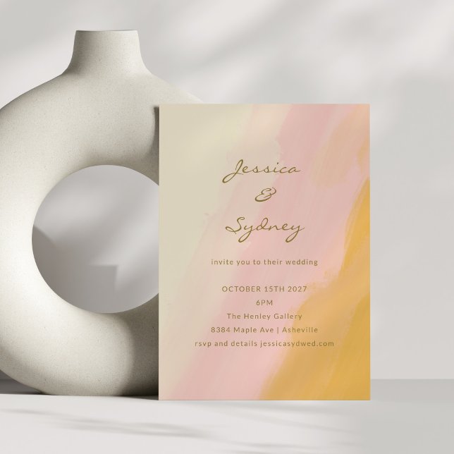 Boho Chic Abstract Watercolor Pink Yellow Wedding Invitation (Creator Uploaded)