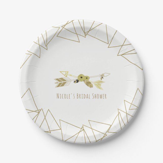 Boho Chic Arrows & Gold Geometric Triangles Modern Paper Plate (Front)
