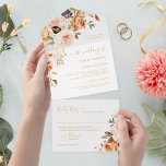 Boho Chic Autumn Gold Leaves Floral Wedding All In One Invitation<br><div class="desc">Create a stunning first impression with this Boho Chic Autumn Gold Leaves Floral All In One Invitation. This design features beautiful gold leaves and delicate florals on a white background, creating a romantic and whimsical atmosphere for your guests. The invitation includes space for all of the essential wedding details and...</div>