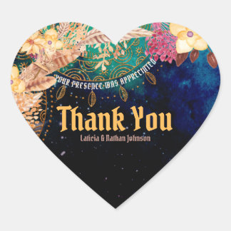 Boho Chic Baby Shower Bohemian Floral & Feathers Heart Sticker