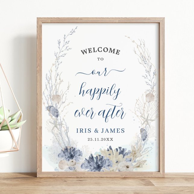 Boho Chic Beach Coastal Wedding Welcome  Poster (ethereal soft blue neutral beach destination beachside nautical resort wedding welcome sign poster)