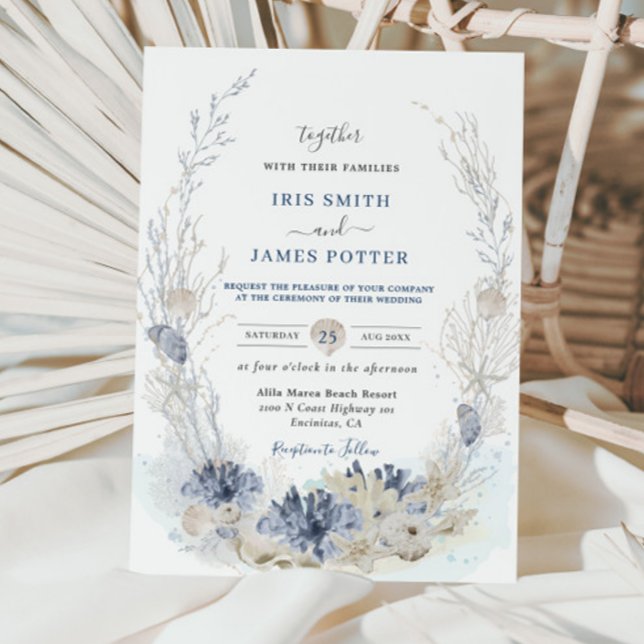 Boho Chic Beach Destination Hampton Wedding  Invitation (beach-destination-wedding-invitation-cards-soft-pastel-blue-corals-reef-shells-elegant-boho-chic)