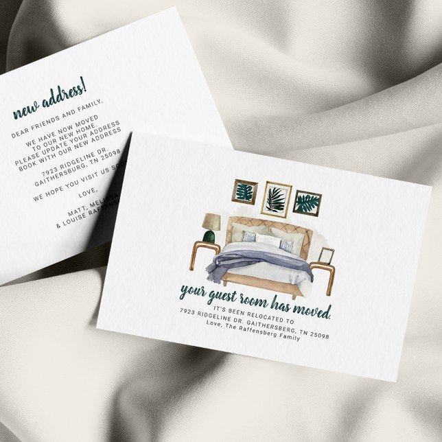 Boho Chic Bedroom Guest Room Has Moved Moving Card (Boho Watercolor Modern Change of Address Moving Announcement Note Card)
