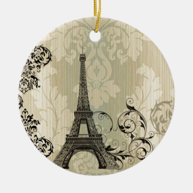 Boho Chic beige Damask Paris Eiffel Tower Ceramic Tree Decoration (Front)