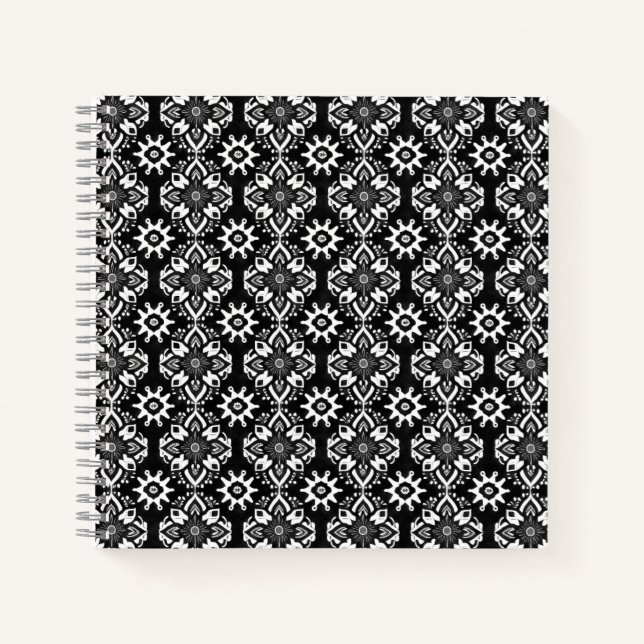 Boho Chic Black and White Floral Pattern Notebook (Front)