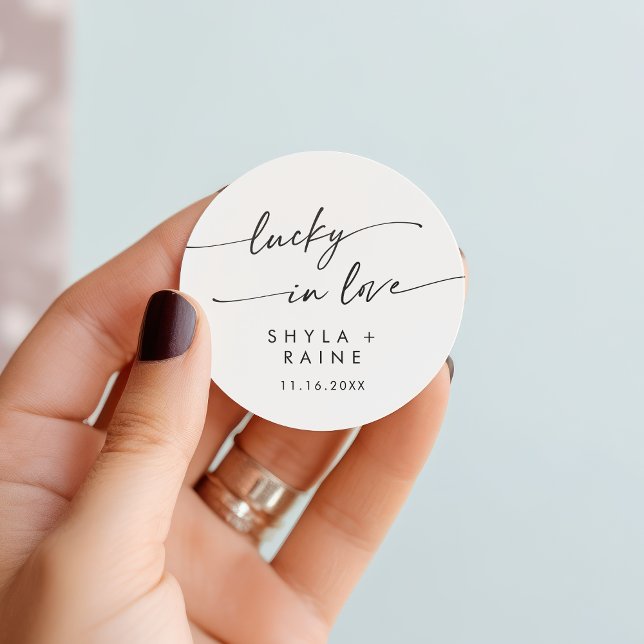 Boho Chic Black and White Lucky In Love Favour Classic Round Sticker (Boho Chic Black and White Lucky In Love Favor Classic Round Sticker)