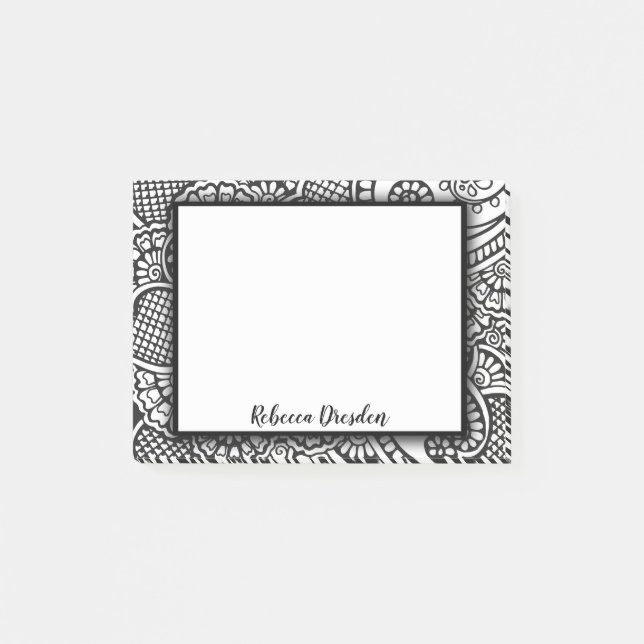 Boho Chic Black and White Modern Floral Mandala Post-it Notes (Front)