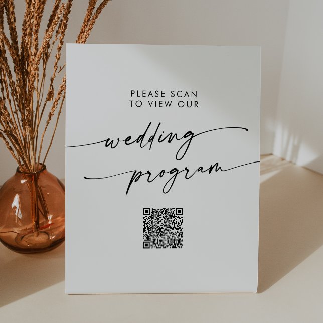 Boho Chic Black and White QR Code Wedding Program Pedestal Sign (Creator Uploaded)