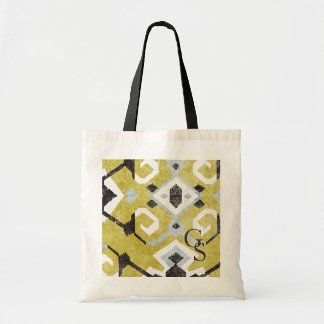 Boho chic black and yellow ikat tribal pattern tote bag (Front)