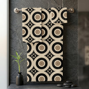 Boho Chic Black & Beige Geometric Pattern Bath Towel Set