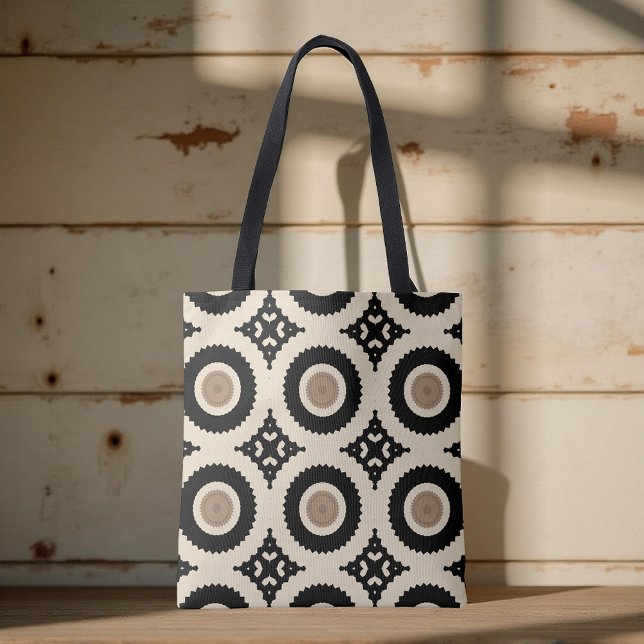 Boho Chic Black & Beige Geometric Pattern Tote Bag (Creator Uploaded)