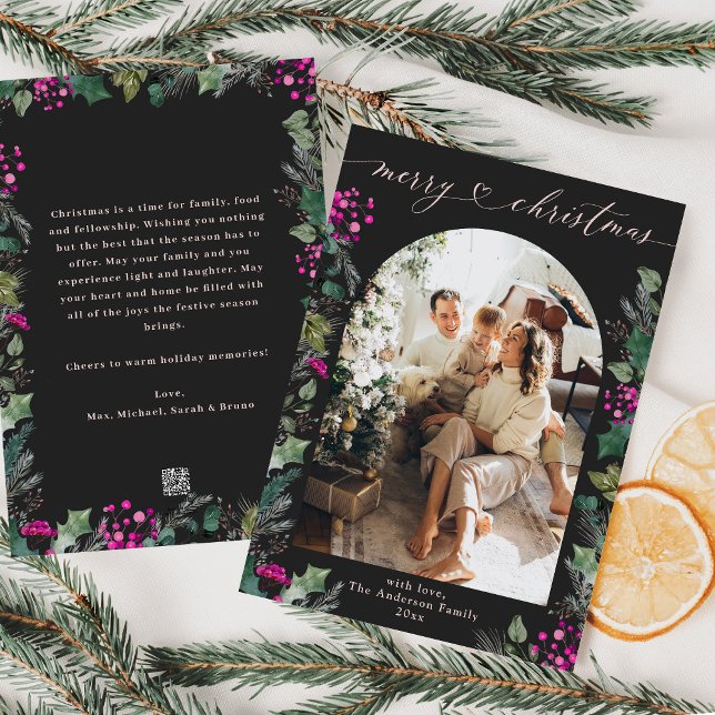  Boho Chic Black & Pink Arch Photo Christmas Card (Creator Uploaded)