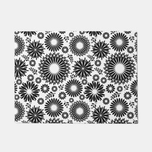 Boho Chic Black White Folk Flowers and Starburst  Doormat