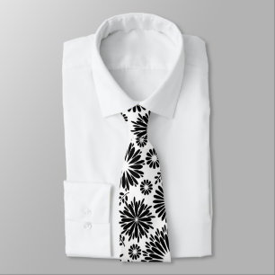 Boho Chic Black White Folk Flowers and Starburst Tie