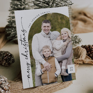 Boho Chic Black White Photo Modern Merry Christmas Holiday Card