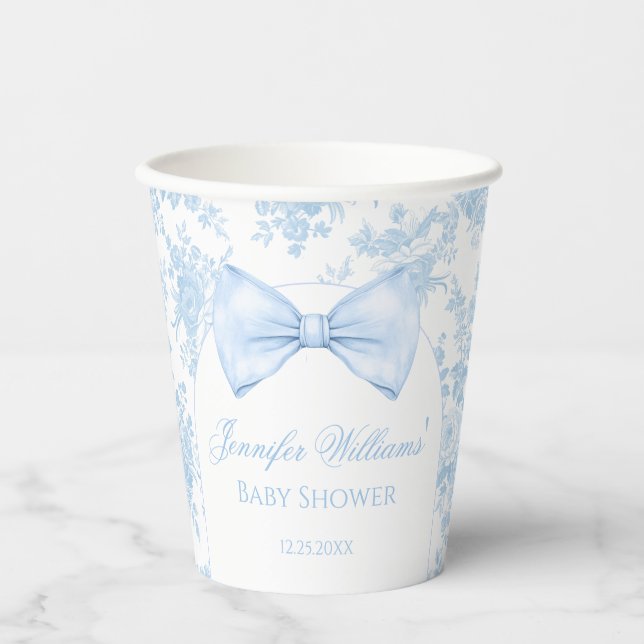 Boho Chic Blue Bow Floral Baby Shower Paper Cups (Front)