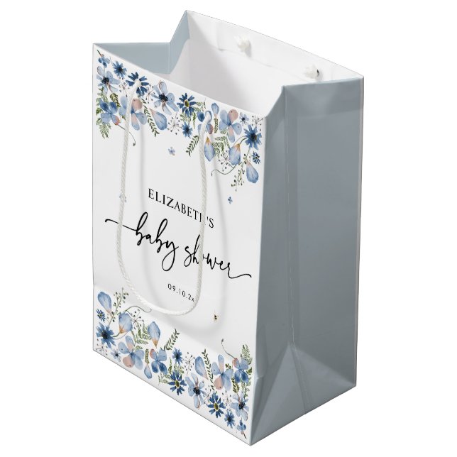 Boho Chic Blue Florals Baby Shower Medium Gift Bag (Front Angled)