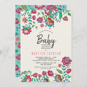 Boho Chic   Blue   Folk Flowers   Baby Shower Invitation