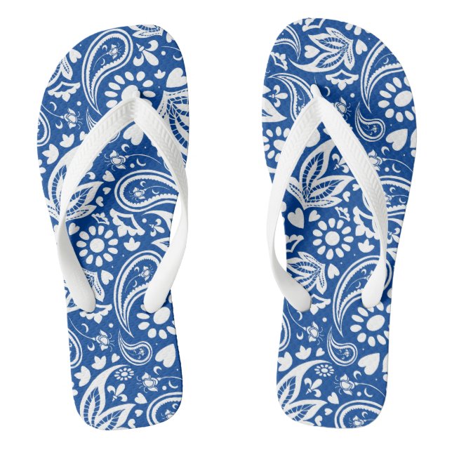 Boho Chic Blue White Paisley and Flower Pattern Jandals (Footbed)