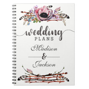 Boho Chic Blush Pink Floral Wedding Planner Spiral Notebook