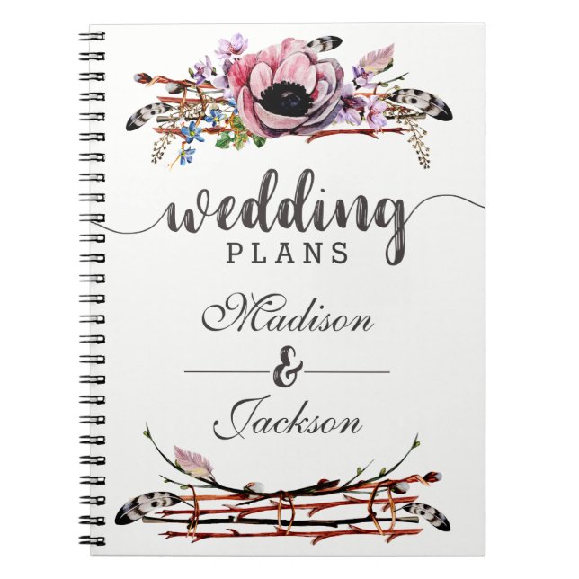 Boho Chic Blush Pink Floral Wedding Planner Spiral Notebook (Front)