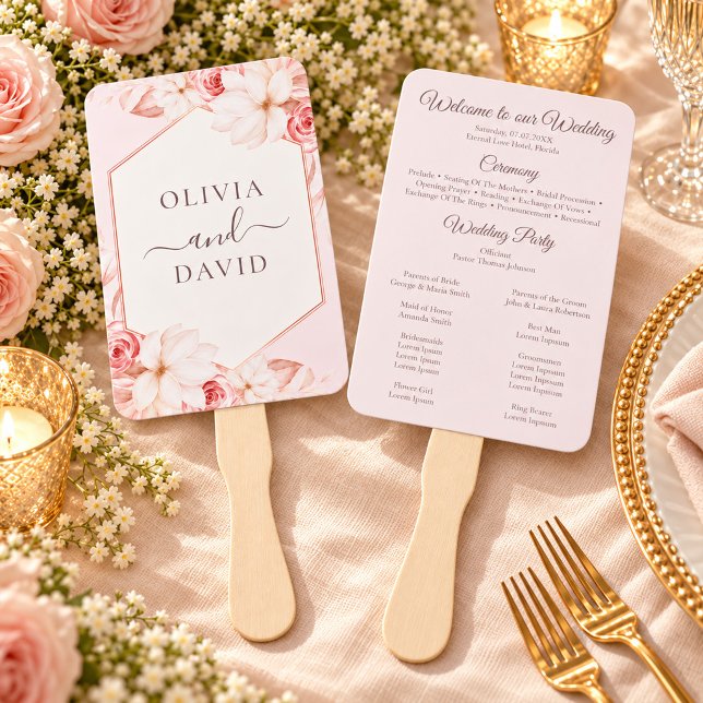 Boho Chic Blush Pink Floral Wedding Program Hand Fan (Boho Chic Blush Pink Floral Wedding Program Hand Fan)