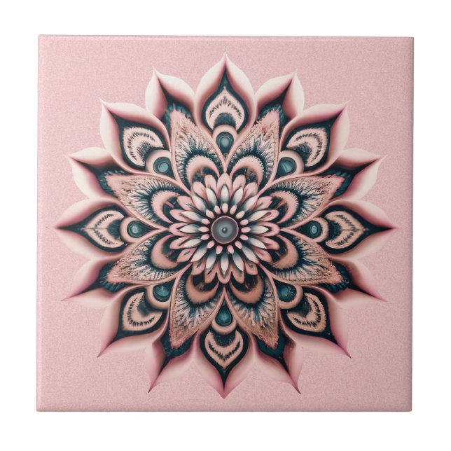 Boho Chic Blush Pink Flower Mandala with Dark Teal Tile (Front)