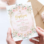 Boho Chic Blush Pink Gold Floral Girl Baptism Invitation<br><div class="desc">Help celebrate your daughter's baptism with this feminine invitation. Featuring an elegant composition of blush overlay adorned with pastel pink floral wreaths and greenery. Click the "customise further" button if you wish to re-arrange and format the style and placement of the text. Comes with a matching pink & gold stripes...</div>