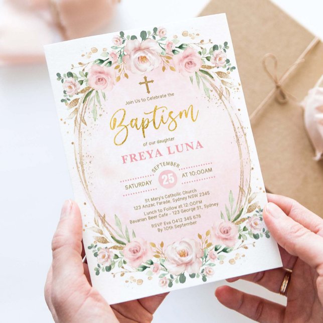 Boho Chic Blush Pink Gold Floral Girl Baptism Invitation (Creator Uploaded)