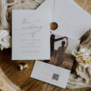 Boho Chic Blush Pink Photo QR Code Wedding Invitation