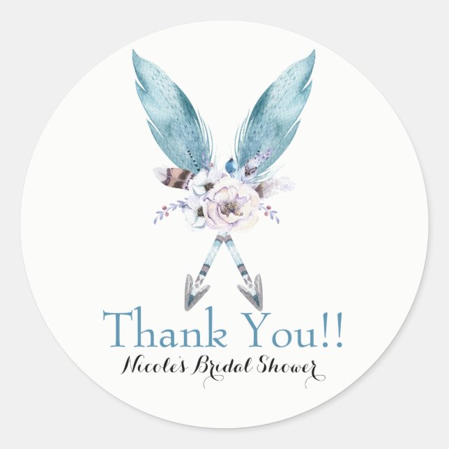 Boho Chic Bohemian Arrows Feather Floral Party Classic Round Sticker (Front)