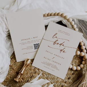 Boho Chic Bohemian Cream QR Code Spanish Wedding Invitation