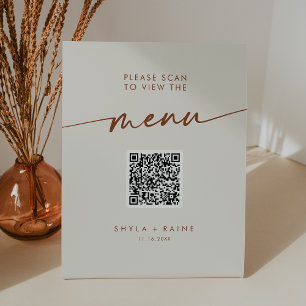 Boho Chic Bohemian Cream QR Code Wedding Menu Pedestal Sign