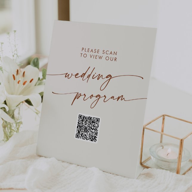 Boho Chic Bohemian Cream QR Code Wedding Program Pedestal Sign (Creator Uploaded)