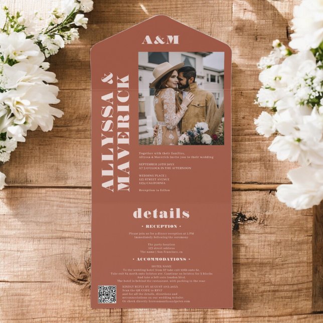 Boho chic Bold simple terracotta photo wedding All In One Invitation (Boho chic Bold simple terracotta photo wedding All In One Invitation)