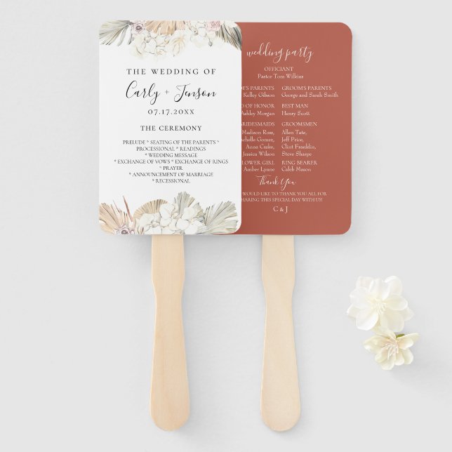 Boho-Chic Botanical Wedding Program Hand Fans (Front and Back)