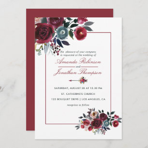 Boho Chic Burgundy and Navy Autumn Fall Wedding Invitation