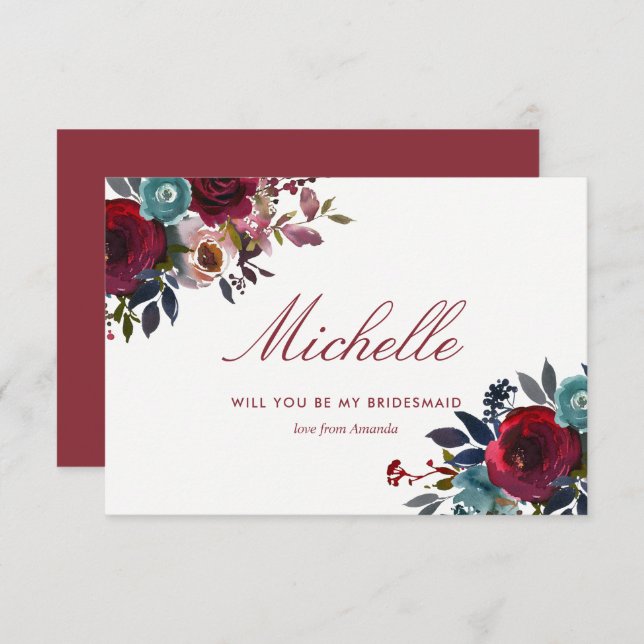 Boho Chic Burgundy and Navy Autumn Fall Wedding Invitation (Front/Back)