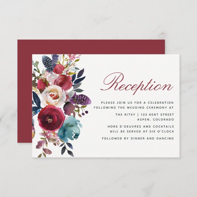 Boho Chic Burgundy and Navy Autumn Fall Wedding Invitation (Front/Back)