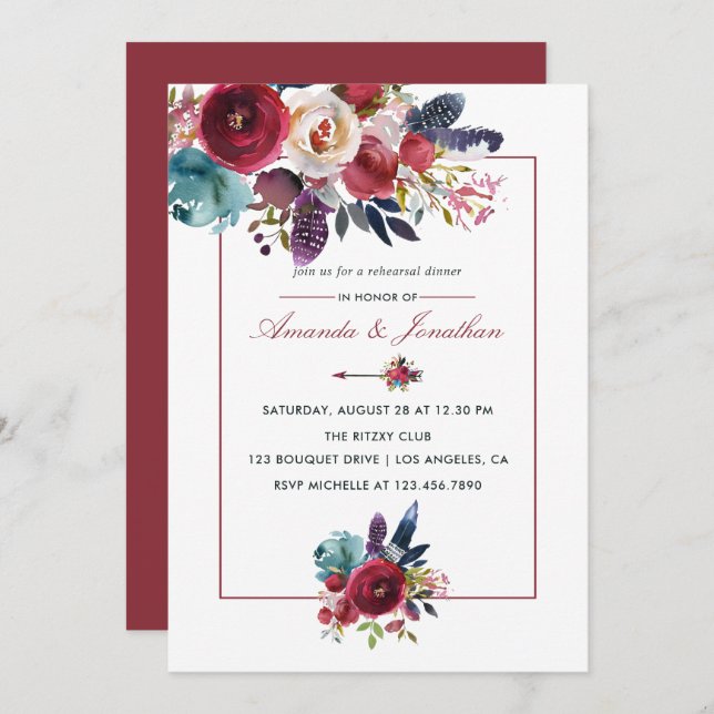 Boho Chic Burgundy and Navy Autumn Fall Wedding Invitation (Front/Back)