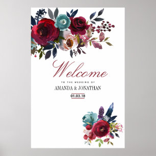 Boho Chic Burgundy and Navy Autumn Fall Wedding Poster