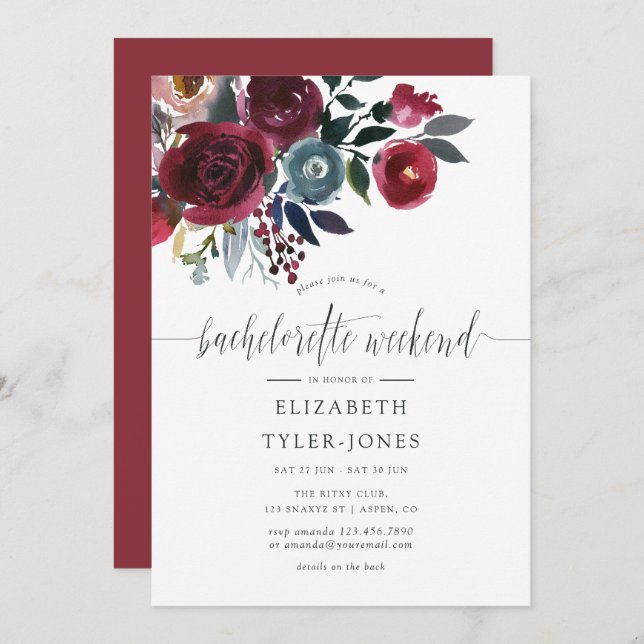 Boho Chic Burgundy and Navy Bachelorette Weekend Invitation (Front/Back)