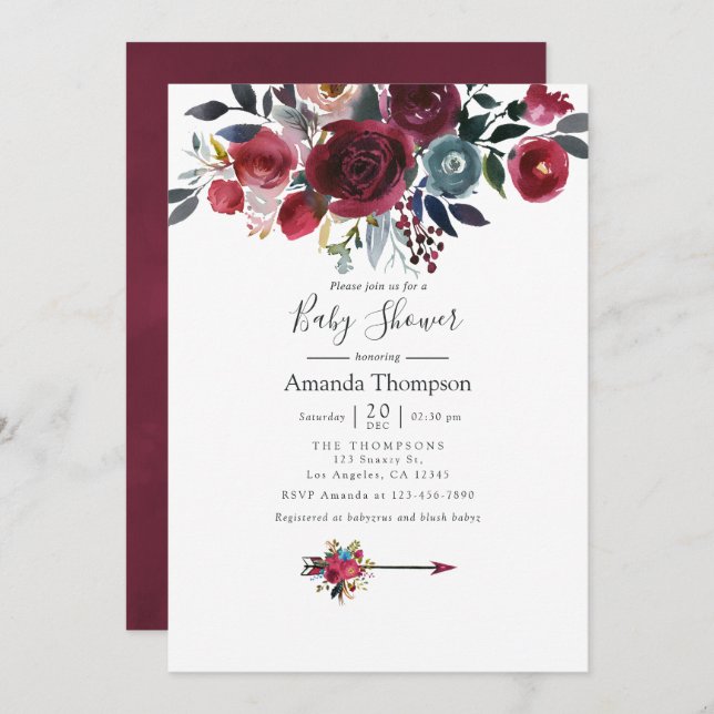 Boho Chic Burgundy and Navy floral Baby Shower Invitation (Front/Back)
